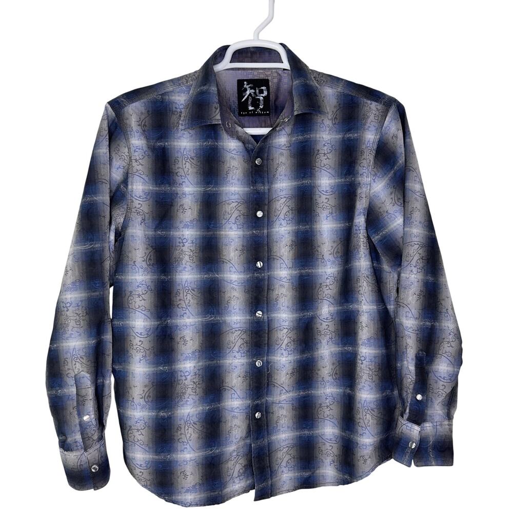 Age of Wisdom Men's Large Pearl Snap‎ Long Sleeve Blue Black Western Cowboy EUC